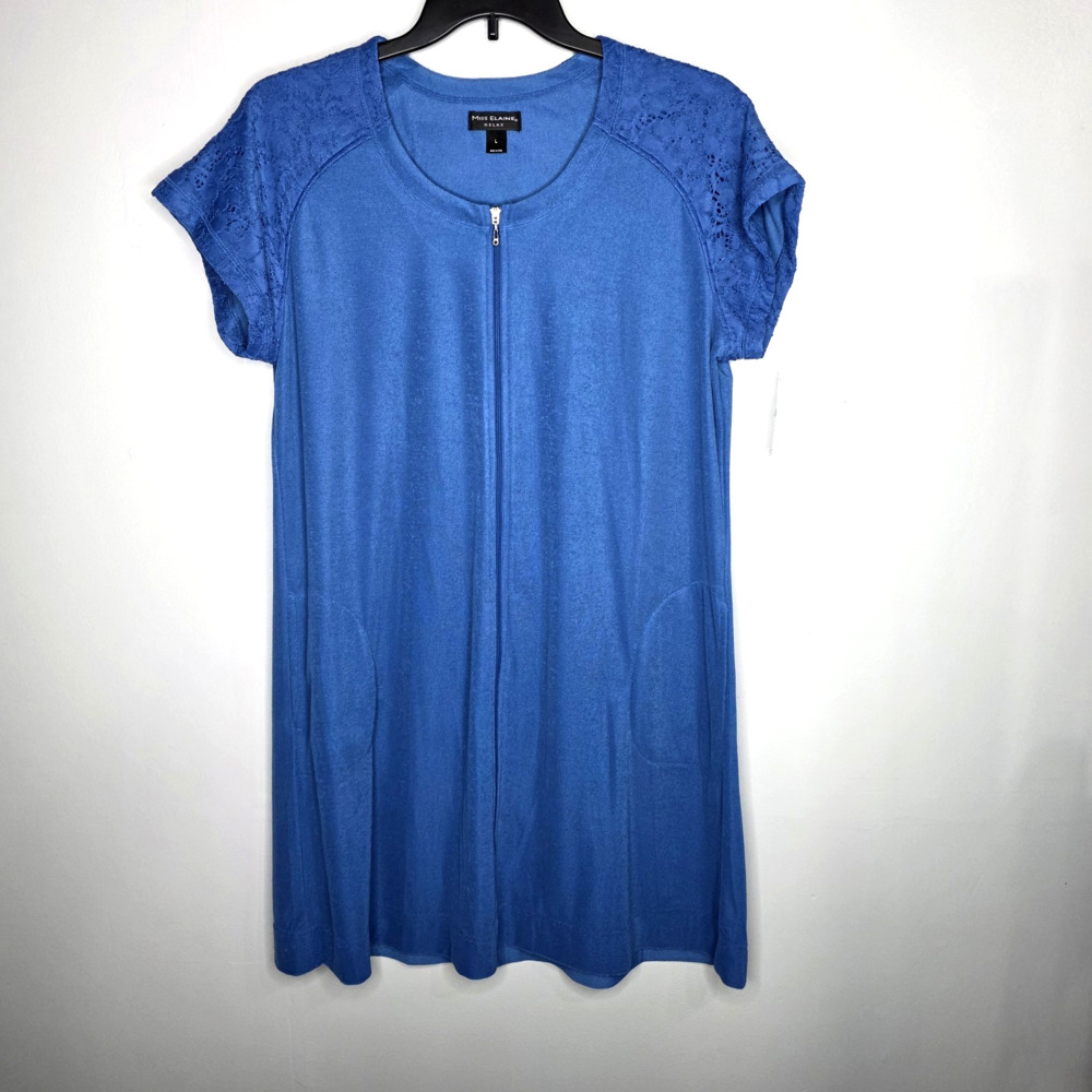 Miss Elaine Womens Relax Blue Full Zip Robe Housecoat Size L TerryCloth Pockets
